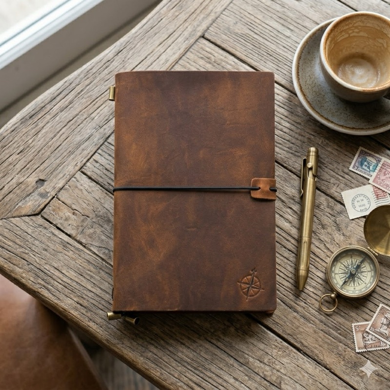 My leather travel notebook resting on a wooden table beside a coffee cup, brass pen, compass, and postage stamps